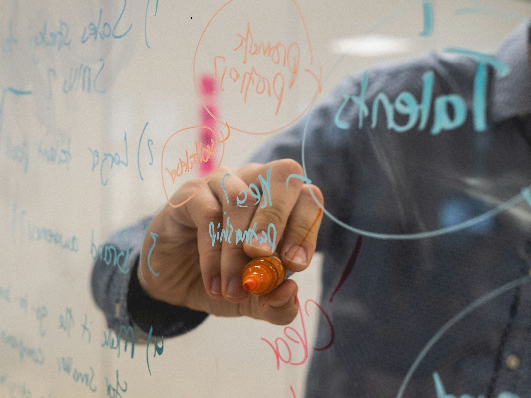 Hand writing notes on a glass whiteboard